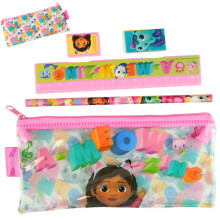 Gabby’s Dollhouse Stationery Set for Girls – 5Pcs Back to School Supplies | 18cm Zipper Pencil Case with Ruler, Eraser, Sharpener & Pencil | Cute