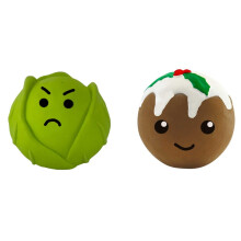 2 PCK DOG LIFE SOFTY LATEX CHRISTMAS PUDDING & SPROUT SQUEAKY DOG PUPPY TOY 8CM