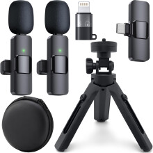 Wireless Microphones for iPhone iPad and Android USB C and Ligthening with Tripod and Leather Case, Clip on Lapel Lavalier Bluetooth Microphone for