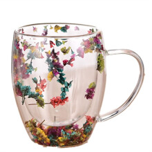 2PCS Fillings Dry Flowers Double Wall Glass Cup with Handle Heat Resistant Hot Cold Beverage Tea Coffee Insulated Mug