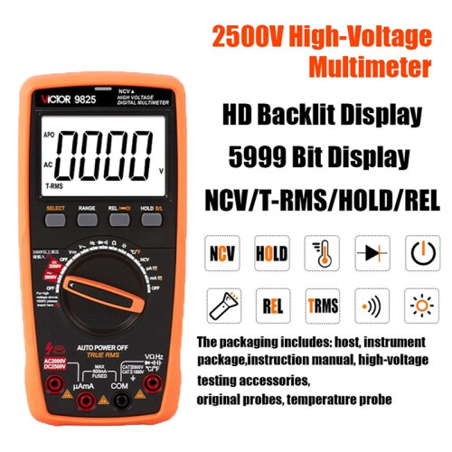 Victor 9825 2500V High-Voltage Multimeter 5999Counts HD Backlit Display NCV/T-RMS/REL Multi-Functional Efficient Tester 1