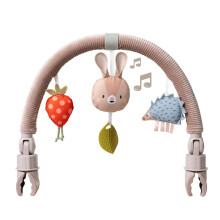 Musical Bunny Pram Arch. Activity Travel Arch with 3 Sensory Hanging Toys. Toy Bar Fits Strollers & Car Seats. Large Adjustable Clips. Foldable.