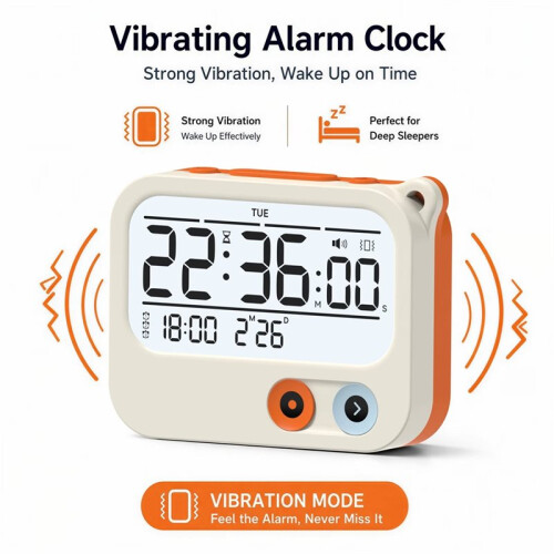 Silent Vibration Portable Vibrating Alarm Clock and Timer, Battery Powered Digital Clock with Backlight, 3 Alarm Modes 2
