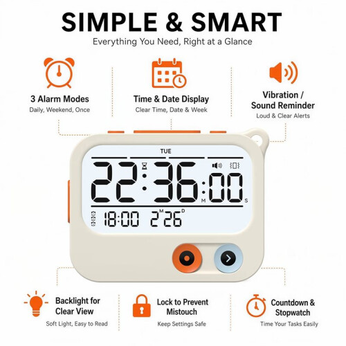 Silent Vibration Portable Vibrating Alarm Clock and Timer, Battery Powered Digital Clock with Backlight, 3 Alarm Modes