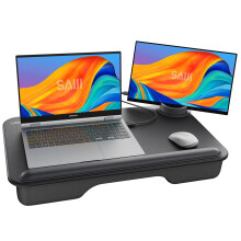 laptop stand, SAIJI large leather desktop laptop tray, with phone holder, wrist rest, lapdesk for max. 17'' notebook, 6.7''h phone, 12.9'' tablet, 54