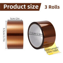 3 Rollen Hittebestendige Polyimide Tape, 5 cm Breed X 33 Meter Lang, voor Solderen, 3D-Printen, Elektrische Toepassingen en Sublimatie