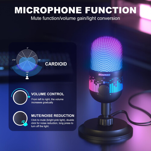 Gaming Microphone, USB Computer Microphone for PC, Mac, PS4/5, Condenser Podcast Mic for Studio Recording, for Streaming Podcast YouTube, with Led 1