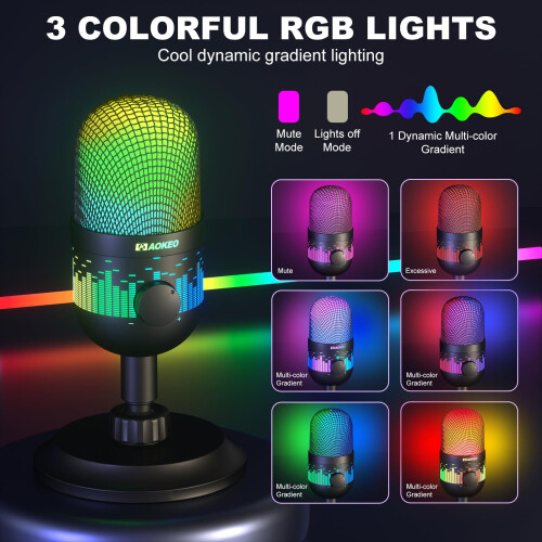 Gaming Microphone, USB Computer Microphone for PC, Mac, PS4/5, Condenser Podcast Mic for Studio Recording, for Streaming Podcast YouTube, with Led 2