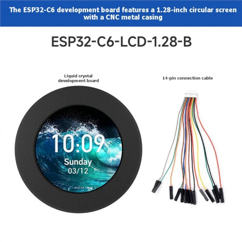 Waveshare Placa de Desenvolvimento ESP32-C6 com Tela LCD de 1,28 Polegadas, Resolução de 240x240, 65 Mil Cores, Compatível com Wi-Fi 6 de 2,4 GHz e 1