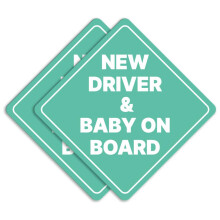New Driver and Baby on Board Car Sign - Sticker or Magnet & Color Options, Weather-Resistant - Diamond Shape 6.8 x 6.8 in (Mint, Reflective Magnet)