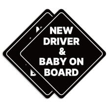 New Driver and Baby on Board Car Sign - Sticker or Magnet & Color Options, Weather-Resistant - Diamond Shape 6.8 x 6.8 in (Black, Reflective Magnet)