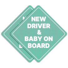 New Driver and Baby on Board Car Sign - Sticker or Magnet & Color Options, Weather-Resistant - Diamond Shape 6.8 x 6.8 in (Mint, See-Through Sticker)