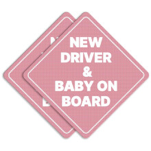 New Driver and Baby on Board Car Sign - Sticker or Magnet & Color Options, Weather-Resistant - Diamond Shape 6.8 x 6.8 in (Pink, See-Through Sticker)