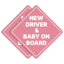 New Driver and Baby on Board Car Sign - Sticker or Magnet & Color Options, Weather-Resistant - Diamond Shape 6.8 x 6.8 in (Pink, Reflective Magnet)