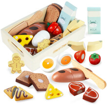 Wooden Play Food Set, Kids Kitchen Shop Grocery Accessories, Toddler Fruit Bread Meat Cutting Game, 12-Piece Pretend Breakfast, Toy Picnic, incl.