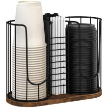 Coffee Cup Holder for Countertop, 3-Compartment Paper Cup Dispenser with Wood Base for Lids Straws