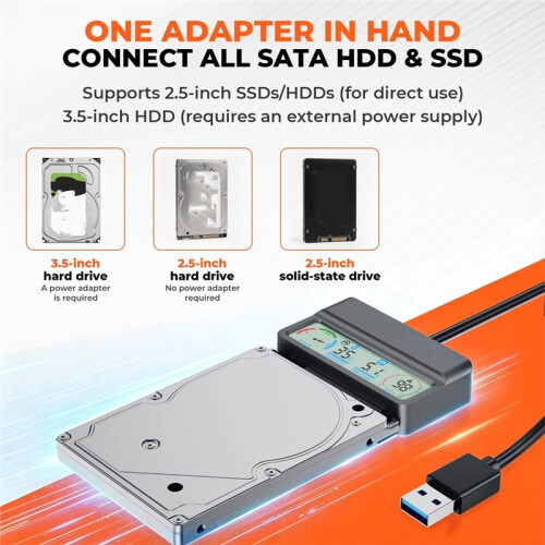 Novo Cabo Adaptador Conversor USB 3.2 para  para HDDs e SSDs de 2,5" e 3,5", Leitor de Disco Rígido Externo com  Display 2