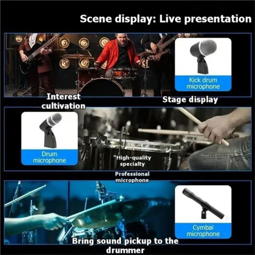 Multi-Functional Drum Microphone Kit Professional Mic Set with Clips for Stage Live Band Performance Recording 2