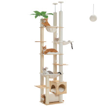 Arbre à chat en bois, Tour à chat ajustable du sol au plafond, Beige, Modèle AMT0296BG, XL