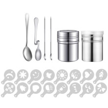 Stainless Steel Ice Sugar Sprinkler with Lid & 20 Coffee Stencils for Coffee, Cocoa, Spice Powder, Cappuccino Sugar
