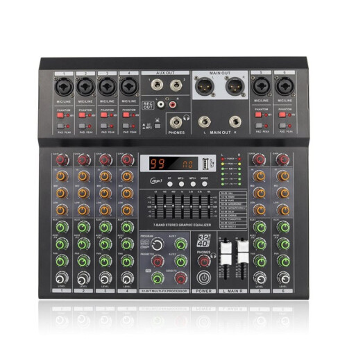 6 Channel Professional Audio Mixer Built-in 99DSP Effects 7-Band Graphic Equalizer 48V Phantom Power Console EU Plug