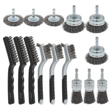 Conjunto Escovas Fio com 15 Peças, Escovas Aço Carbono em Copo/Roda/Caneta com Cabo Hexagonal 1/4" e Escova Manual Aço Inoxidável para Remoção