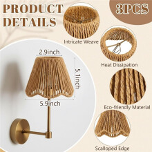 2 Pack Small Rattan Lampshade, Boho Vertical Striped Rattan Lampshade Replacement for Table Chandelier Wall Lamp