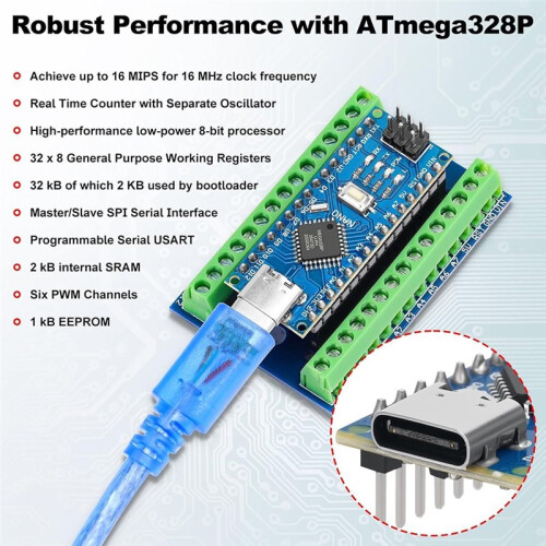 2 Pack  V3.0 CH340 ATmega328P Development Board with USB Cables &  Breakout Terminal Adapter 2