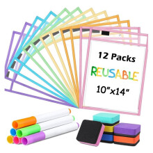 24 Pcs Dry Erase Pocket Reusable Sleeves A4 Clear Plastic Sheet Protectors with Markers and Erasers,Random Color