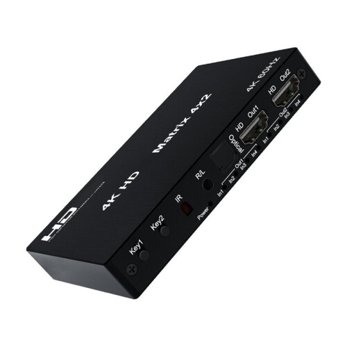 Compatível com 4K 60Hz, Matriz Verdadeira 4x2 (4 Entradas e 2 Saídas), Conversor Divisor com EDID e Plugue Óptico Europeu.