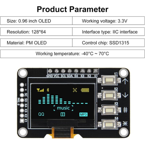 2Pcs 0.96 Inch OLED I2C IIC Display Module 128x64 with Matrix 4 Button  Self-Luminous OLED Screen /Yellow 2