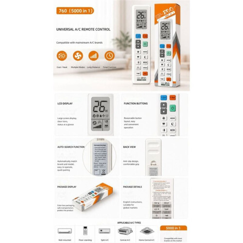 Universal Air Condition Remote 5000 in 1 Codes A/C Remote Control Quick Match  Search for 5000+ Air Condition 1