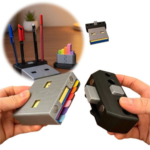 3D Printed  USB Organizer with Stencils USB Powered Sticky Note Holder Drawing Template Design Stationery Storage 1