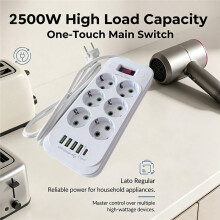 11 in 1 EU Plug Power Strip Hoofdschakelaar 2500W 2M Kabel met 6 AC-Uitgangen 4 USB 1 Type-C voor Thuis, Kantoor, Studentenhuis
