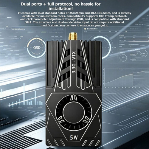 3.3G 5W VTX FPV Video Transmitter 25mW/800mW/2000mW/5000mW/PIT Adjustable IRC Tramp Protocol for FPV Long Range RC Drone 1