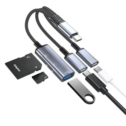 Type C to Dual Type C/USB Multi-Functional Adapter Cable Fast Charging Audio Transfer  Card Support for Electronics 2