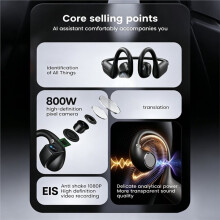 Ear Hook Bone Conduction Headphones Open Ear Wireless 5.4 Sports Earbuds with AI Translator HD Camera White