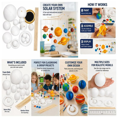 Solar System  Kit - DIY Planet Model Set with Foam Balls & Bamboo Sticks for School Projects, Crafts 1