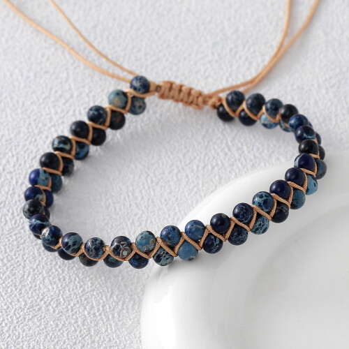 (Blue A) Natural Agate Beaded Hand Chain With Geometric Design For Yoga And Gift Giving