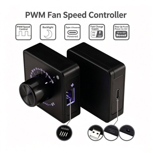 4 Pin PWM Fan Speed Controller  5V 12V 24V PD QC Fast Charging USB-A Type-C Computer Case Cooling Fan Speed Regulator 1