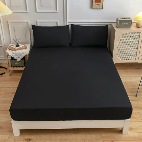 (Black, 180x200cm) Extra Plain Deep Fitted Sheet For Single Double King Bed Sheet Lightweight Polyester With