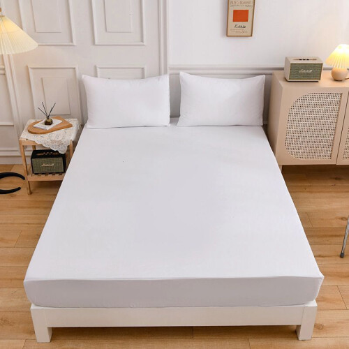 (White, 180x200cm) Extra Plain Deep Fitted Sheet For Single Double King Bed Sheet Lightweight Polyester With