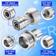 Adaptador de Mangueira de Jardim para Lavadora de Pressão, Aço Inoxidável 3/4" GHT para 1/4" Conexão Rápida, Macho 3/4" GHT para Plugue 1/2"