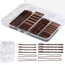 300 Pcs Bobby Pins Hair Pins Kit with Storage Box, 100 Brown Non - Slip Bobby Pins, 100 Invisible Hair Pins for Women and 100 Clear Hair Elastics, Loc