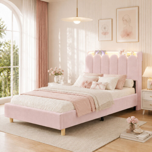 HOMAIRE 3FT Velvet Bed Frame Light Pink 2