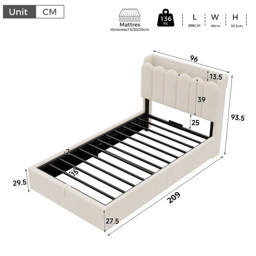 HOMAIRE 3FT Ottoman Bed Frame Beige Velvet 1