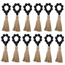Servettringar Set med 12, Servettringar Av Trä, Träpärlor Elastiska Servettringar med Tofs, Boho Servettringar