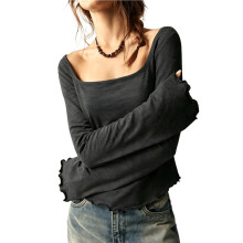 Women'S U Neck Crinkle Texture Flare Long Sleeve Irregular Hem Top Black M