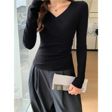 Womens V Neck Wrap Ruched Side Button Long Sleeve Top Black XL