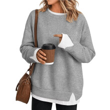 Sweat-Shirt Décontracté à Col Rond pour Femmes, Faux Deux Pièces, à Manches Longues, Coupe Ample et Color-Block Gris XL